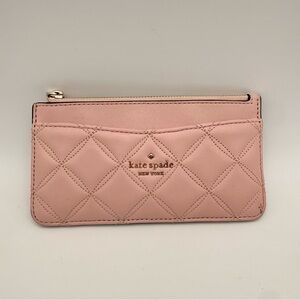 Kate Spade Pink Quilted Leather Zip Card Holder Wallet Gold Hardware